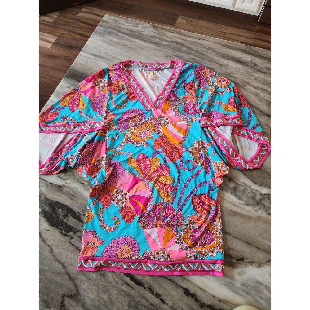 Trina Turk Womens Medium Tunic Swim Cover Up Blue Pink Psychedelic Floral V-Neck